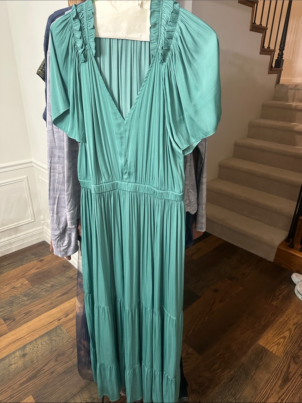 Current Air Teal Green V-Neck Maxi Dress with Gathered Shoulders